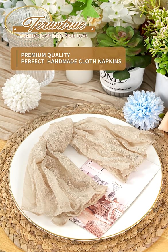 42 Packs Gauze Cheesecloth Napkins 20 x 20 Inch Beige Wrinkled Dinner Napkins, Light Brown Rustic Boho Soft Cloth Napkin for Wedding Party Event Dinner Table Decoration