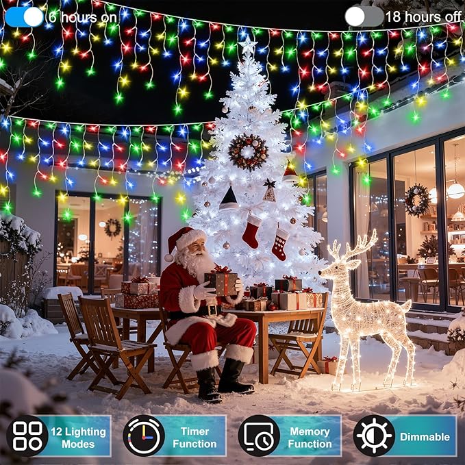 810LED 82FT Christmas Lights, 180Drops 12 Modes Multicolor Christmas String Lights Outdoor Dimmable, Waterproof Christmas Decoration Fairy Lights with Timer for Indoor Eaves Party Patio Window Fence