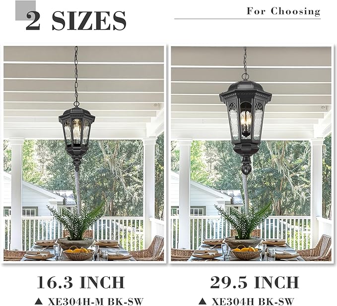 Emliviar Porch Light Fixture Hanging, Black Adjustable 16.3" Outdoor Chandelier Hanging Porch Light, Water Ripple Glass Shade, XE304H-M BK-SW