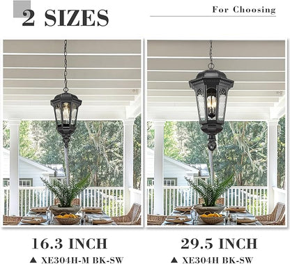 Emliviar Porch Light Fixture Hanging, Black Adjustable 16.3" Outdoor Chandelier Hanging Porch Light, Water Ripple Glass Shade, XE304H-M BK-SW