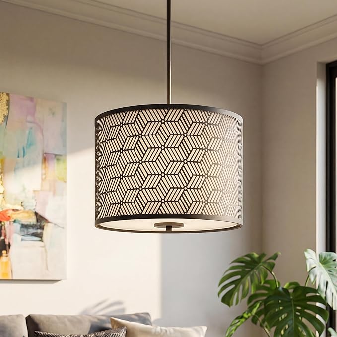 Inlight 14" Wide 3-Light Modern Kitchen Island Drum Pendant Light with Black Metal Frame and White Fabric Shade, Bulb Not Included, IN-0337-3-BK