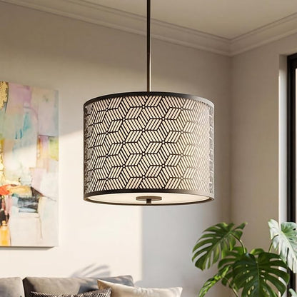 Inlight 14" Wide 3-Light Modern Kitchen Island Drum Pendant Light with Black Metal Frame and White Fabric Shade, Bulb Not Included, IN-0337-3-BK
