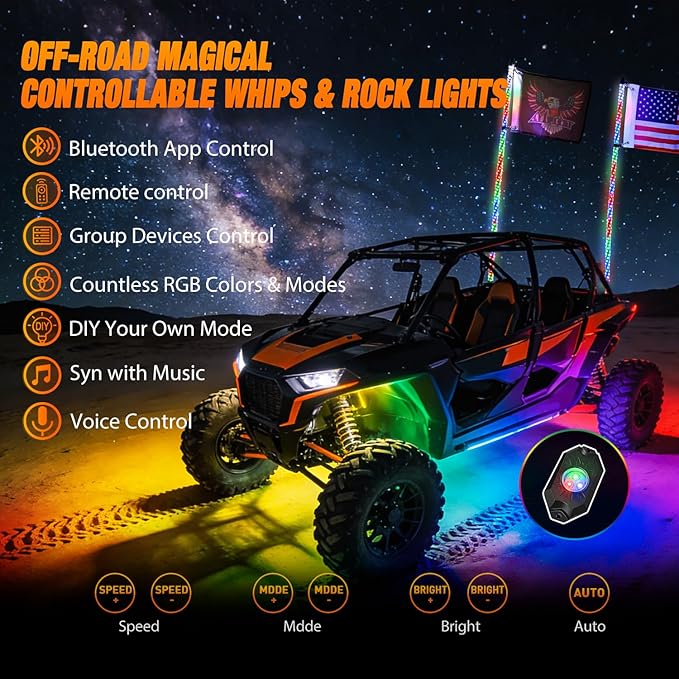 Nilight 2PCS 4FT RGB LED Whip Light with Spring Base and 8 PCS Rock Lights Combo, Remote App Control w/DIY Chasing Patterns Turn Signal Brake Reverse Antenna Lighted Whips for ATV UTV Polaris RZR Jeep