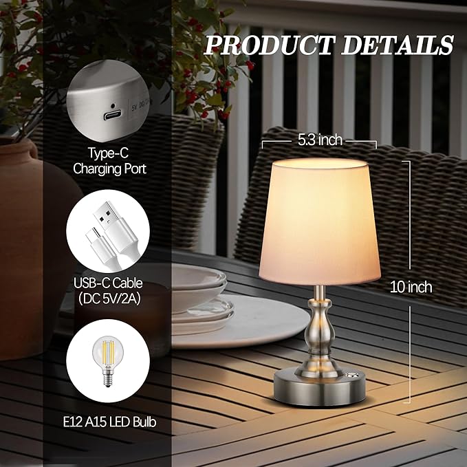 PARTPHONER Mini Cordless LED Table Lamp, 5200mAh Rechargeable Battery Operated Lamp, 3-Level Brightness, Touch Dimmable Desk Lamp, Bedside Night Light for Patio Camping Restaurant Home, Brushed Nickel