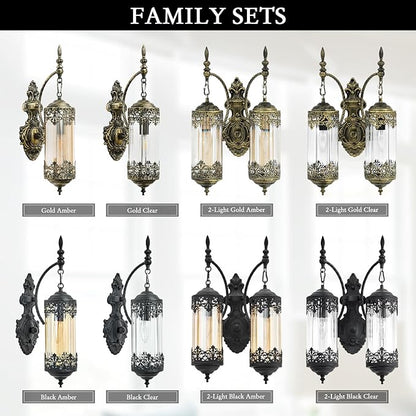 Vintage Wall Sconce with Amber Glass Shade, Rustic Black Farmhouse Wall Light Fixture, Antique Gothic Decorative Metal Wall Lamp for Hallway, Bedroom, Living Room, Entryway