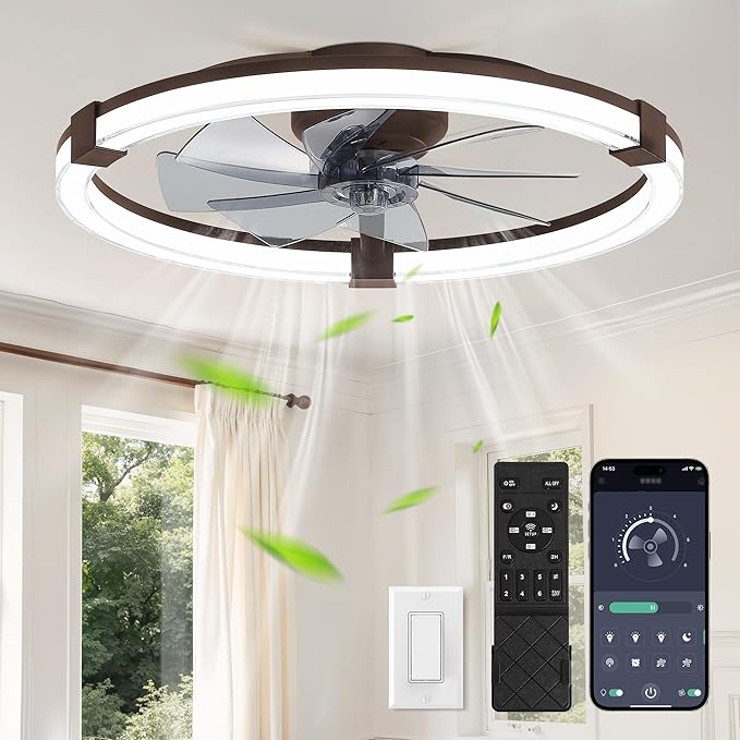 LEDIARY Ceiling Fans with Lights, 23 Inch Low Profile Ceiling Fan with Remote, 6 Speeds, Reversible, Dimmable Flush Mount Fan Light, Modern Fandelier Ceiling Fan with Lights for Bedroom, Brown
