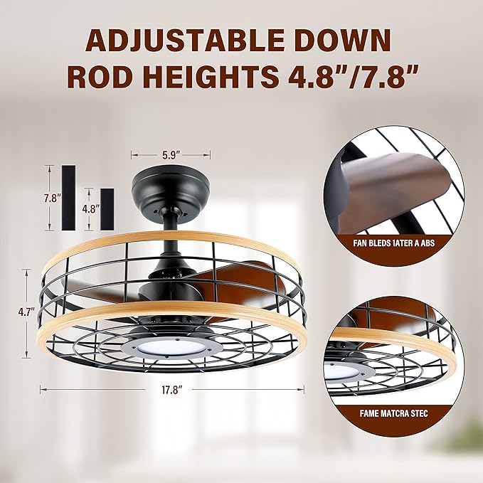 InfiniPower 16” ceiling fans with lights and remote, Caged Ceiling Fan with Reversible Motor for Different Seasons, Quiet and Energy Saving, 6 level Speeds
