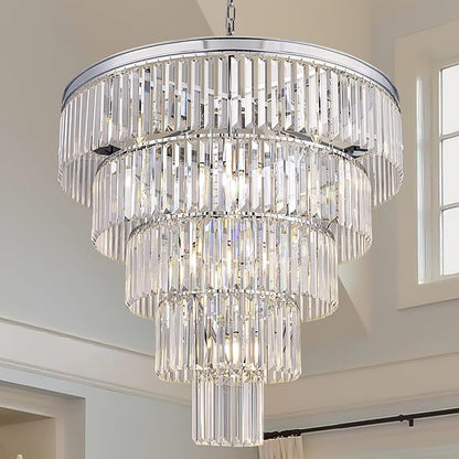 TOCHIC Large Crystal Chandelier 31.5 inch, 5-Tier Round Modern Chrome Crystal Chandeliers, Raindrop K9 High Ceiling Light for Living Room,Staircase, Entryway, Dining Room, Foyer