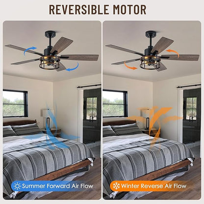52" Farmhouse Ceiling Fans with Lights, Caged Ceiling Fan with Light and Remote,Reversible Motor,5 Double Finish Wood Blades,Black Rustic Industrial Ceiling Fan for Living Room/Dining Room