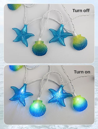 8.5Ft Beach Themed Seashell String Lights, 10L LED Ocean Starfish Seashell Lights Plug in for Boho Coastal Bedroom Seashell Party Nautical Party Holiday Decor, Indoor Outdoor