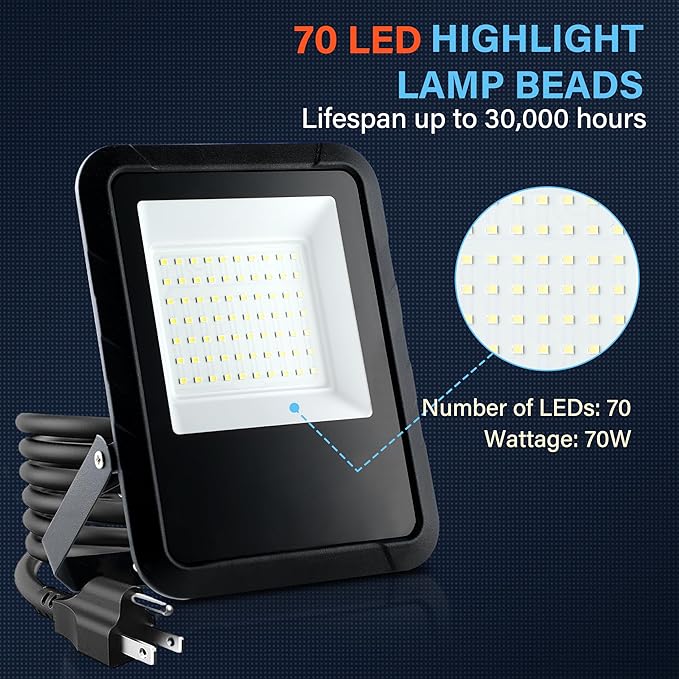 Simple Deluxe 2 Pack LED Flood Lights Outdoor, 70W 7000LM Super Bright Outside Work Light with Plug, IP65 Waterproof, 6500K Floodlight for Garage, Yard, Lawn