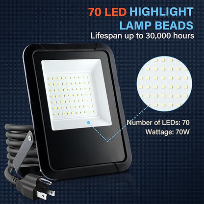 Simple Deluxe 2 Pack LED Flood Lights Outdoor, 70W 7000LM Super Bright Outside Work Light with Plug, IP65 Waterproof, 6500K Floodlight for Garage, Yard, Lawn