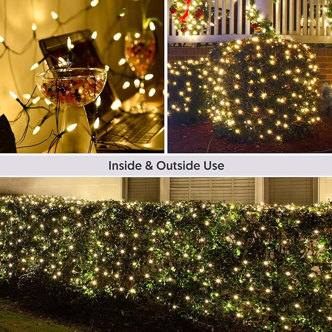Neoclassy 120Led Christmas Net Lights Outdoor 5ft x 6ft Connectable, 8 Modes Waterproof Black Wire 29V Plug in Mesh Net Christmas Lights for Garden, Yard, Bushes, Trunk, Xmas Tree Decor (Warm White)