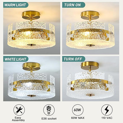 ZGLAOJT Semi Flush Mount Ceiling Light Modern Gold Celing Light Fixture 3-Light 12 Inch Acrylic Farmhouse for Kitchen Bedroom Hallway Dining Room.