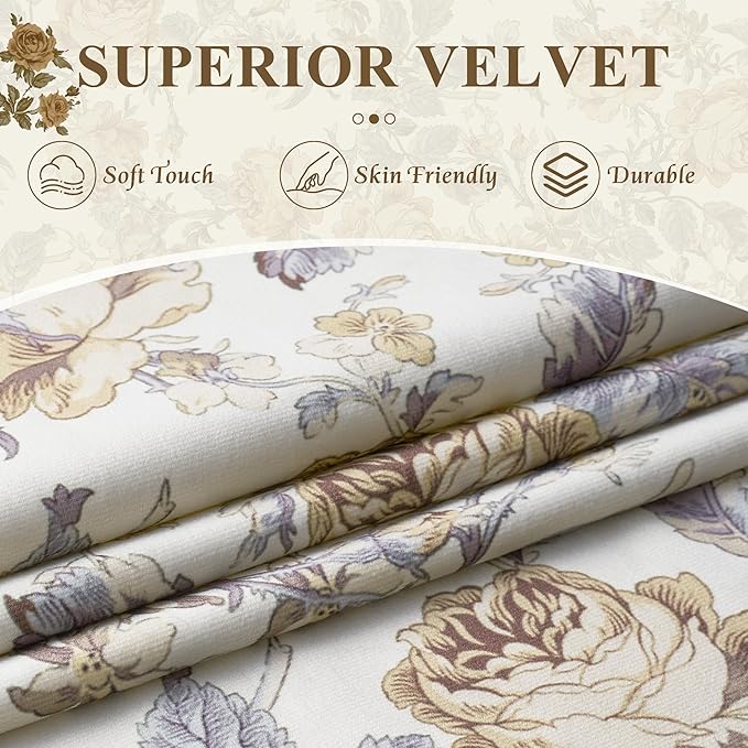 StangH Light Beige Floral Vintage Curtains 96 inches, Botanical Pattern Printed On Velvet Curtains Privacy Thermal Insulated Window Drapes for Cafe Living Room, W52 x L96, 2 Panels