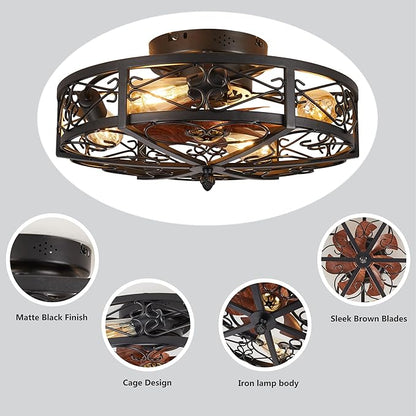 Rustic Black Caged Flush Mount Ceiling Fans with Lights and Remote Vintage Low Profile Bladeless Ceiling Fan, Reversible Motor, E26 Bulbs, 6 Speeds,for Farmhouse, Living Room, and Bedroom