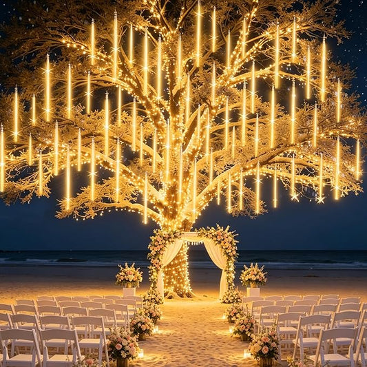 EAGWELL Meteor Shower Lights Outdoor Christmas Lighting Falling Rain Lights 12Inch 10Tubes Rain Drop Light Snowfall Icicle Cascading String Decor for Xmas Holiday Tree Garden Decor,Shine Warm White