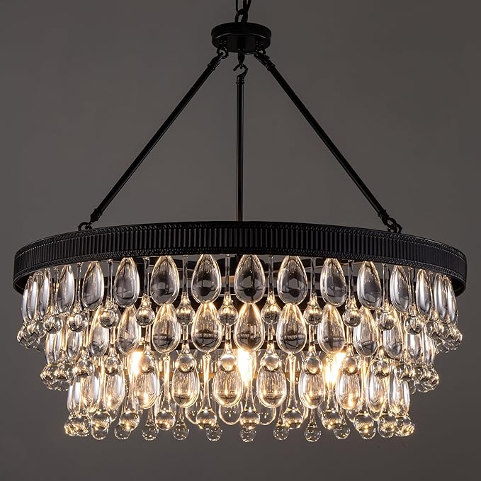 TOCHIC Crystal Chandeliers, 6-Light 3 Tiers Black Crystal Chandelier Light, Modern Farmhouse Luxury Light Fixture for Bedroom, Dining Room, Kitchen Island, Living Room, Entryway, 28"