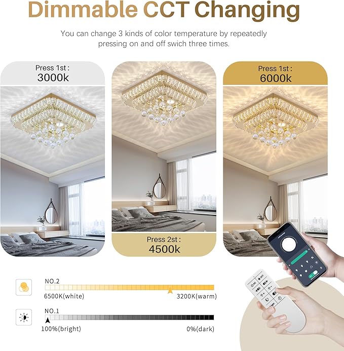 18 inch Crystal Flush Mount Gold Chandelier Remote/APP, Modern Raindrop LED Ceiling Light, 3CCT Dimmable & Brightness Adjustable,Elegant Chandeliers for Bedroom Hallway Dinning Room Living Room