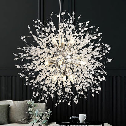 SineRise Modern Crystal Chandeliers Firework, Crystal Light Fixture, Dandelion Chandelier (9-Light, Chrome) for Foyer Hallway Entryway Kitchen Bedroom (Bulbs Not Included)