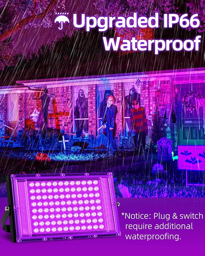 THECHAM 100W LED Black Lights IP66 Waterproof Black Light Outdoor with 5.9ft Plug+Switch,Flood Blacklight for Halloween Glow in The Dark Party Stage Light Neon Glow Birthday 2 Pack