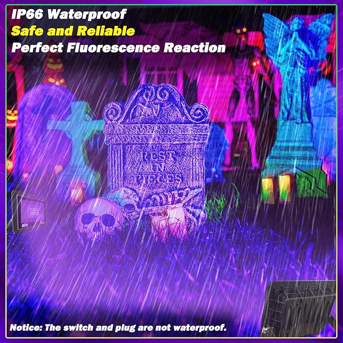 40W Black Light IP66 Waterproof Outdoor Flood Light with 6ft Cord+Plug+Switch, Blacklight Floodlight for Halloween Neon Glow in The Dark Fluorescent Poster Body Paint Bedroom 2 Pack