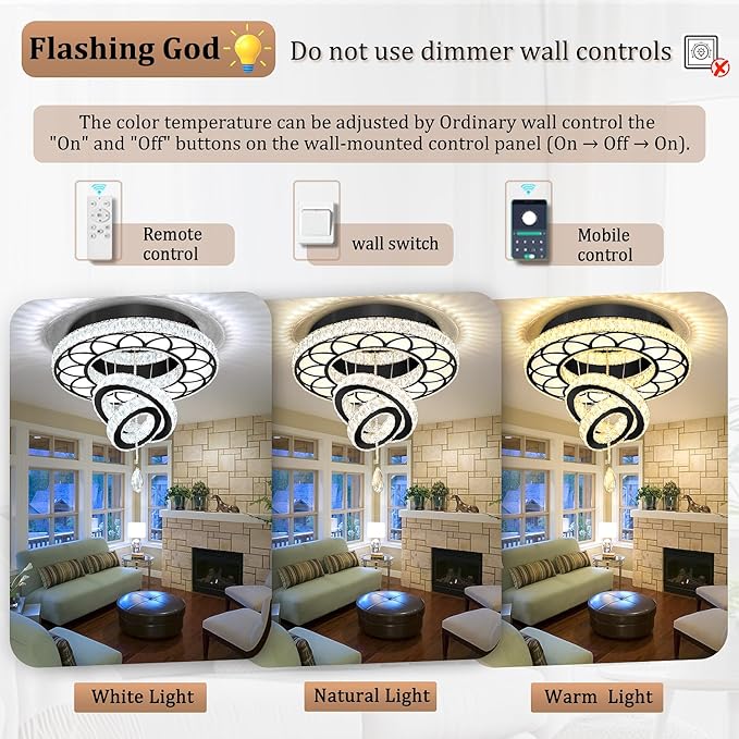 Flashing God Dia 20" Modern Crystal Chandelier Flush Mount Chandeliers LED Dimmable Bedroom Chandelier Crystal Ceiling Light for Dining Room Living Room Foyer Black