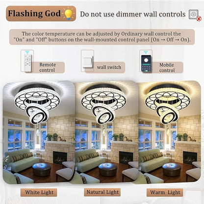 Flashing God Dia 20" Modern Crystal Chandelier Flush Mount Chandeliers LED Dimmable Bedroom Chandelier Crystal Ceiling Light for Dining Room Living Room Foyer Black