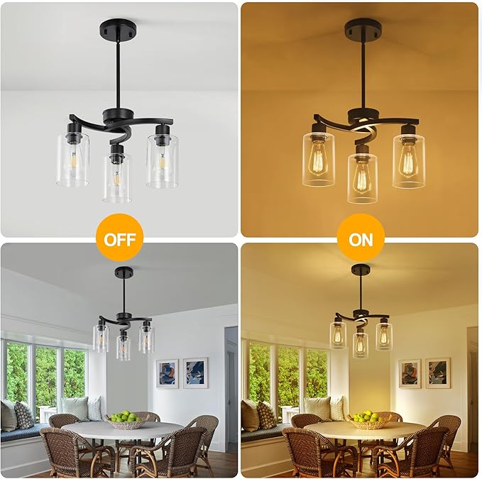 CNRATYE 3-Light Modern Farmhouse Black Pendant Lights Kitchen Island, Adjustable Height Contemporary Chandeliers for Dining Room Light Fixture Hanging, Clear Glass Shade