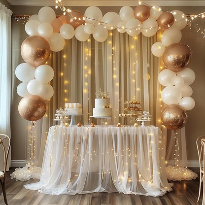 Fomcet Tulle Backdrop Curtains Champagne 30FT X 8FT Tulle Curtains with Lights String Sheer Backdrop Curtain for Parties Wedding Baby Shower Photo Shoot Decorations (6 Panels 5x8FT)