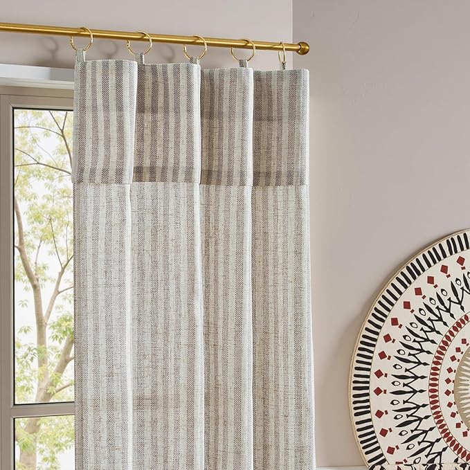 jinchan Striped Linen Kitchen Curtains with Attached Valance 36 Inch Length Cafe Tier Curtains for Living Room Rustic Half Window Light Filtering Rod Pocket Small Drapes 2 Panels Taupe Grey