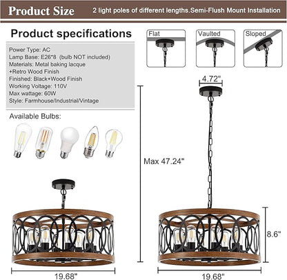 8-Light Farmhouse Drum Pendant Light,19.68'' Nature Wood Texture Vintage Rustic Chandeliers Black Metal Industrial Hanging Light Fixtures for Entryway, Bedroom Dining Room