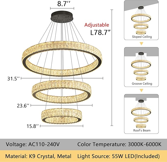Modern Crystal Chandelier 55W Dimmable LED Chandeliers with Remote Luxury Height Adjustable Pendant Lighting for Living Room Dining Room Black