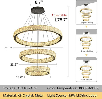 Modern Crystal Chandelier 55W Dimmable LED Chandeliers with Remote Luxury Height Adjustable Pendant Lighting for Living Room Dining Room Black
