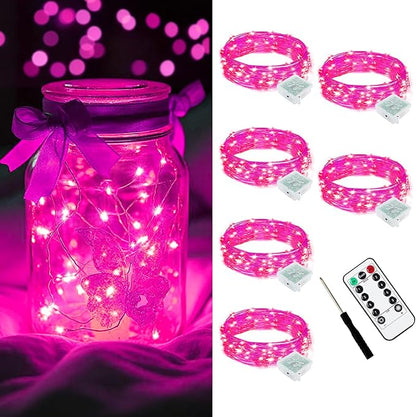 AIKEI 6 Pack LED Fairy Lights with Timer Battery Operated, Mini String Lights with Remote Waterproof 7ft 20 Led Firefly Starry Lighting for Wedding Party Bedroom Garden Christmas Decoration Pink