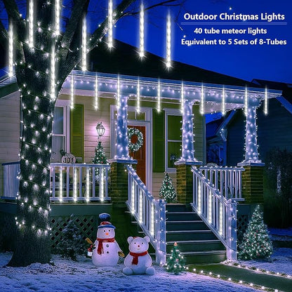 Purtuemy Outdoor Christmas Lights: 40 Tube(Equivalent to 5 Sets of 8-Tubes) Meteor Shower Rain Lights - Waterproof Christmas Halloween Decorations for Yard Outside Tree Roof, White