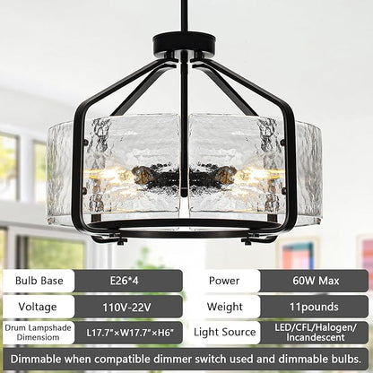 Luupyia 17.7 Inches Glass Drum Chandelier Black, 4Lights Modern Glass Chandelier, Height Adjustable Drum Chandeliers Crystal Pendant Light Dining Room Kitchen Entryway Chandeliers for Foyer