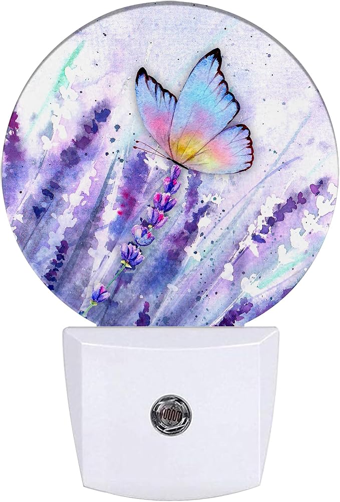 Lavender Flowers Night Light,Watercolor Butterfly Night Lights Plug into Wall for Kitchens Toilets Bedroom Decorative Half Round Nightlight Led Lamp 0.5W Sleep Friendly