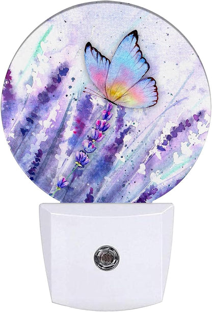 Lavender Flowers Night Light,Watercolor Butterfly Night Lights Plug into Wall for Kitchens Toilets Bedroom Decorative Half Round Nightlight Led Lamp 0.5W Sleep Friendly