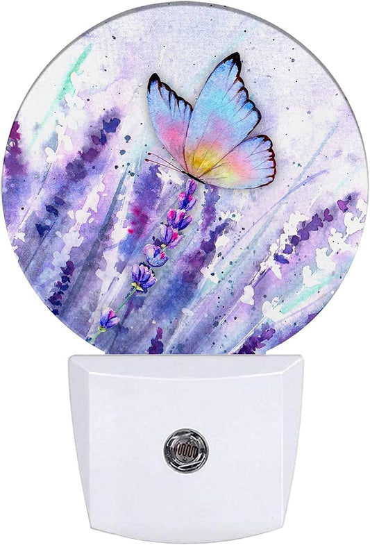 Lavender Flowers Night Light,Watercolor Butterfly Night Lights Plug into Wall for Kitchens Toilets Bedroom Decorative Half Round Nightlight Led Lamp 0.5W Sleep Friendly