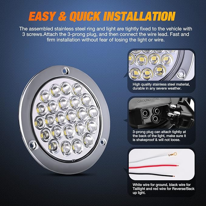 Nilight 4 Inch Round Trailer Tail Light 2PCS 24LED White Stainless Steel Chrome Bezel Waterproof Backup Reverse Lights for Truck Van Lorry Camper Boat