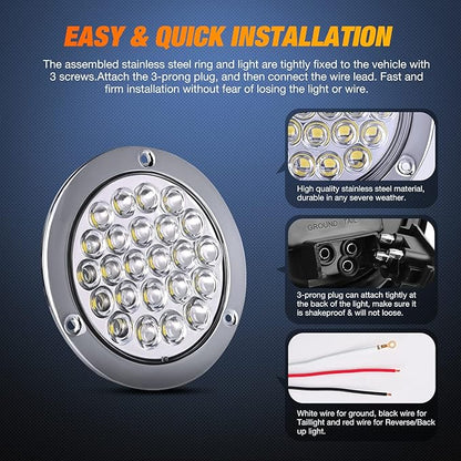 Nilight 4 Inch Round Trailer Tail Light 2PCS 24LED White Stainless Steel Chrome Bezel Waterproof Backup Reverse Lights for Truck Van Lorry Camper Boat