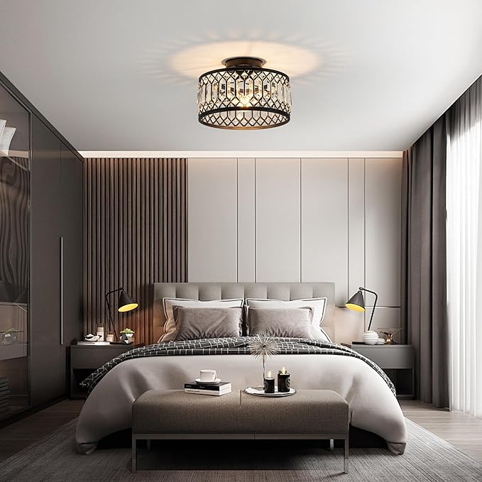 Rpzloila Crystal Ceiling Light Fixture, Modern Flush Mount Ceiling Light, Black Crystal Chandelier for Kitchen Bedroom Bathroom Entryway Hallway