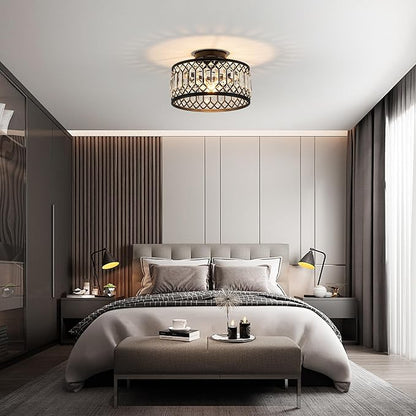 Rpzloila Crystal Ceiling Light Fixture, Modern Flush Mount Ceiling Light, Black Crystal Chandelier for Kitchen Bedroom Bathroom Entryway Hallway