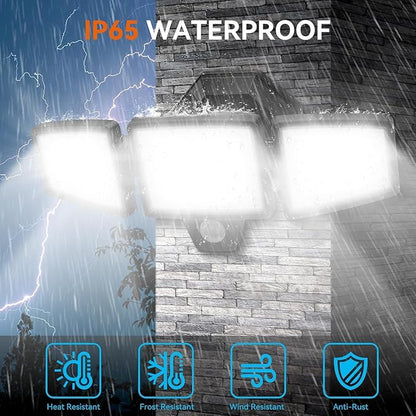 LED Security Lights Motion Sensor Outdoor Lights, 6500K Daylight, IP65 Waterproof, Dusk to Dawn, 3-Head Motion Detected Flood Light for Garage, Yard, Porch