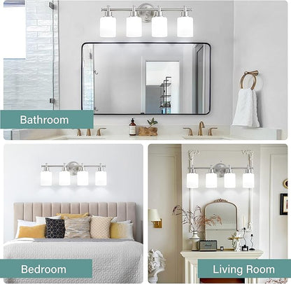 4-Light Bathroom Vanity Light, Brushed Nickel Vanity Light Fixture with White Frosted Glass Shades, Modern Anti-Rust Wall Sconce Over Mirror, Bathroom, Hallway (Bulbs Not Included, E26 Base)