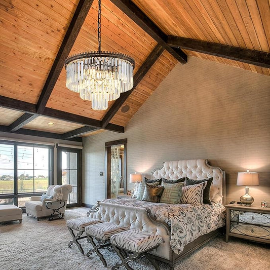 6-Light Crystal Chandelier, 3-Tier Modern Chandelier for Dining Room, Farmhouse Round Crystal Hanging Light Fixture for Foyer Living Room Entryway Bedroom