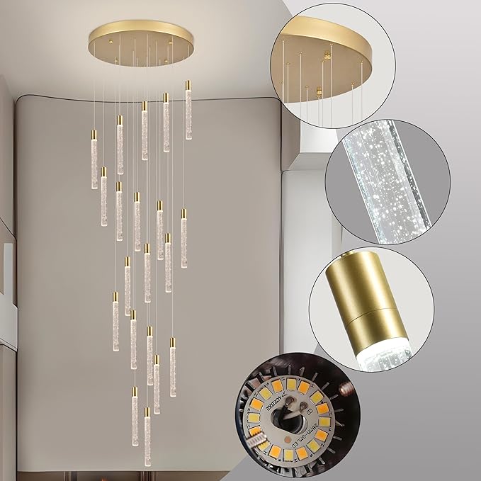 20-Lights Bubble Chandelier for Entryway High Ceiling-157 Height Adjustable Crystal Chandelier,3 Color Temperature Dimmable LED Pendant Light Fixture for Foyer Living Room Staircase,Gold