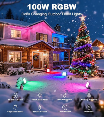 100W LED Flood Light with Remote & 6.6Ft Cable, Christmas Floodlight RGB IP66 Waterproof Color Changing, 5000K White Daylight, Timing Waterproof Landscape Light, Outdoor Uplight for Event, 4 Pack