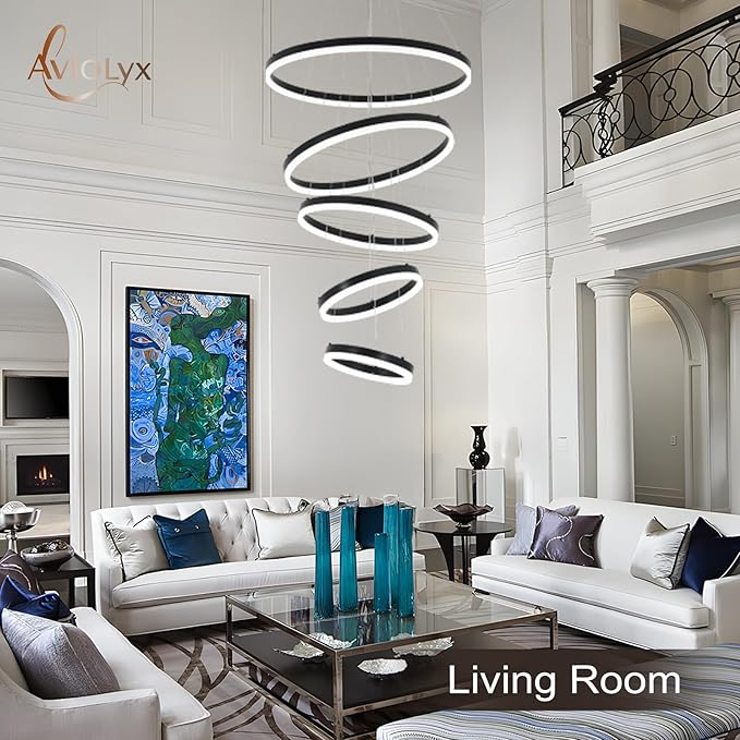 5 Rings Modern LED Chandelier for Foyer, Black High Ceiling Chandeliers Dimmable Pendant Lighting with Remote Control for Dining Room Living Room Staircase(3000K-6500K D23.6)